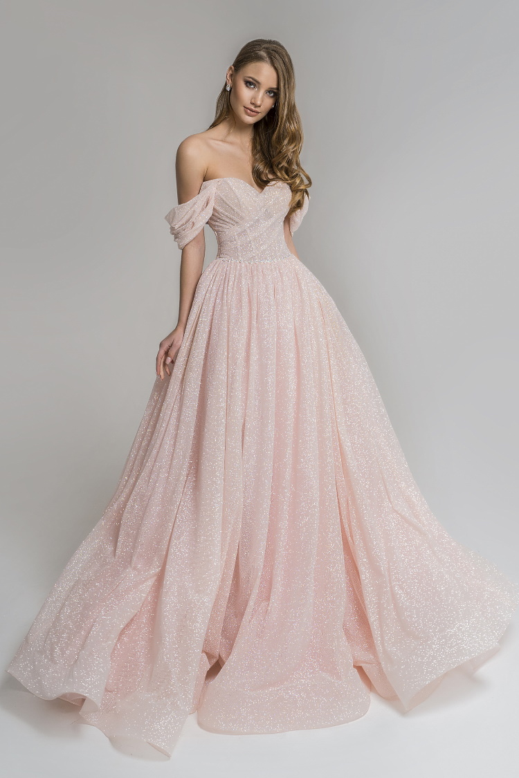 Robe cocktail mariage rose pastel haut appliqué de paillettes 