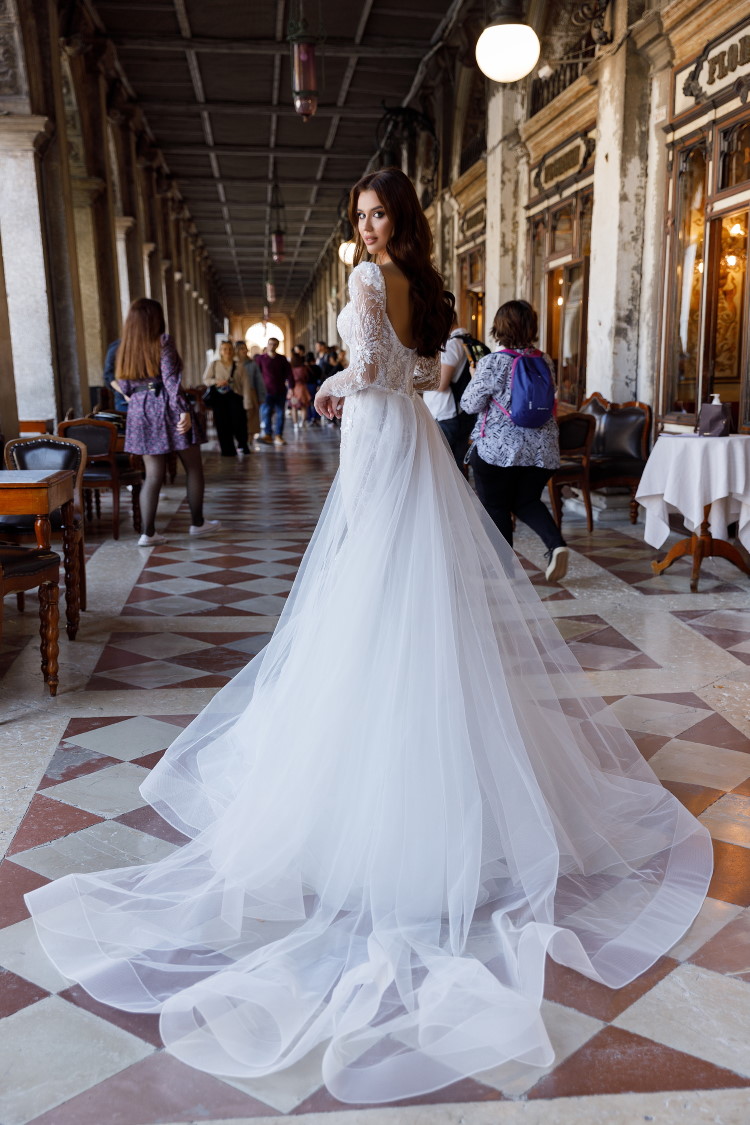 Robe De Princesse En Tulle Pour Fille - Mariage, Baptême, Communion - Avec Train Et Dentelle, Manches Longues