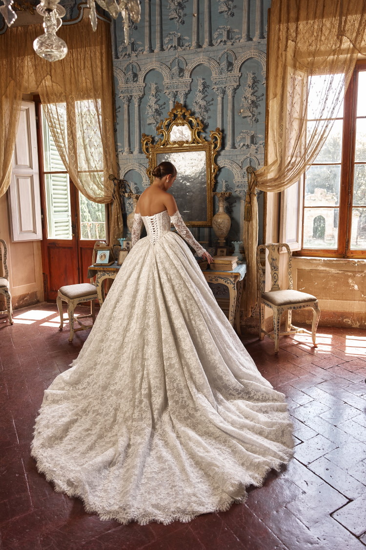 robe de mariee princesse en dentelle avec jupe volumineuse et manches